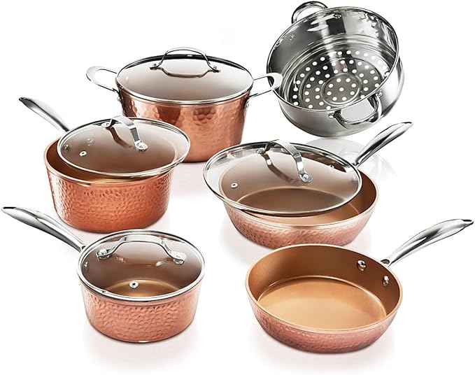 Gotham Steel Hammered 15 Pc Ceramic Cookware Set, Induction Pots and Pans Set Non Stick with Cooking Utensils & Steamer, Non Toxic Ceramic & Titanium Coating PFOA PFOS Free, Oven & Dishwasher Safe
