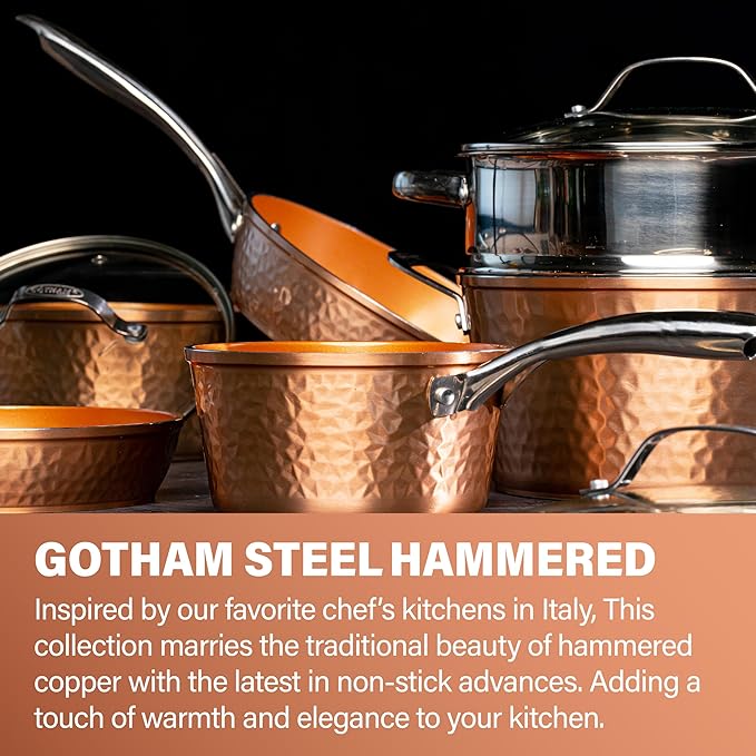 Gotham Steel Hammered 15 Pc Ceramic Cookware Set, Induction Pots and Pans Set Non Stick with Cooking Utensils & Steamer, Non Toxic Ceramic & Titanium Coating PFOA PFOS Free, Oven & Dishwasher Safe
