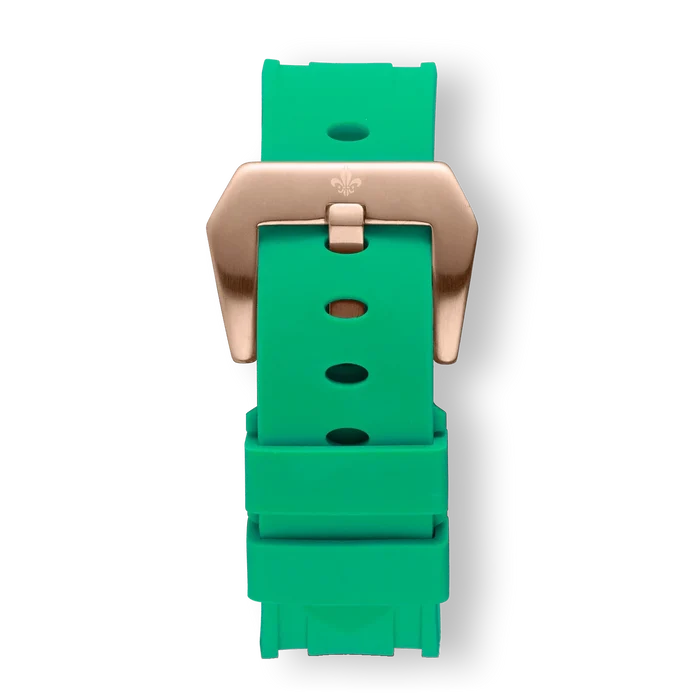 Green Silicone Strap With Rose Gold Buckle designed for men, featuring a vibrant green silicone band and a polished rose gold buckle, bold by design.