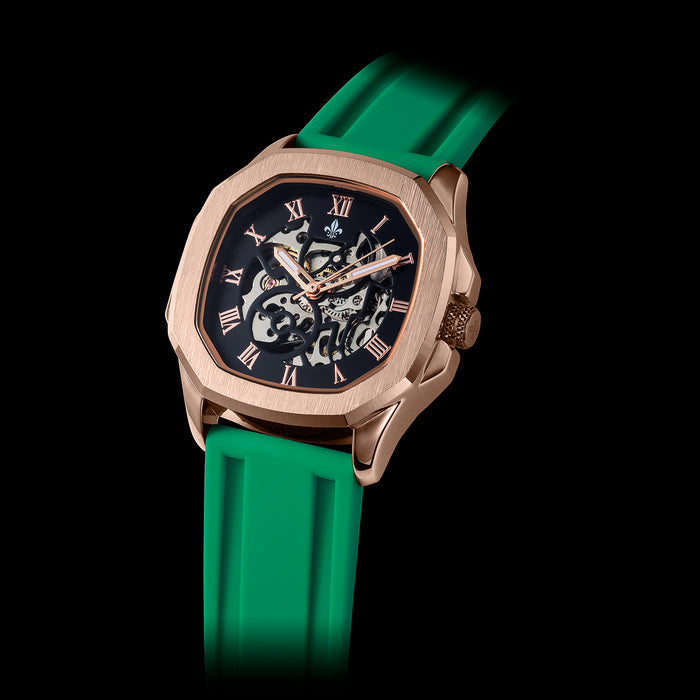 Green Silicone Strap With Rose Gold Buckle luxury men's watch featuring a rose gold case, black skeleton dial with rose gold Roman numerals and hands, and a bold green silicone strap.