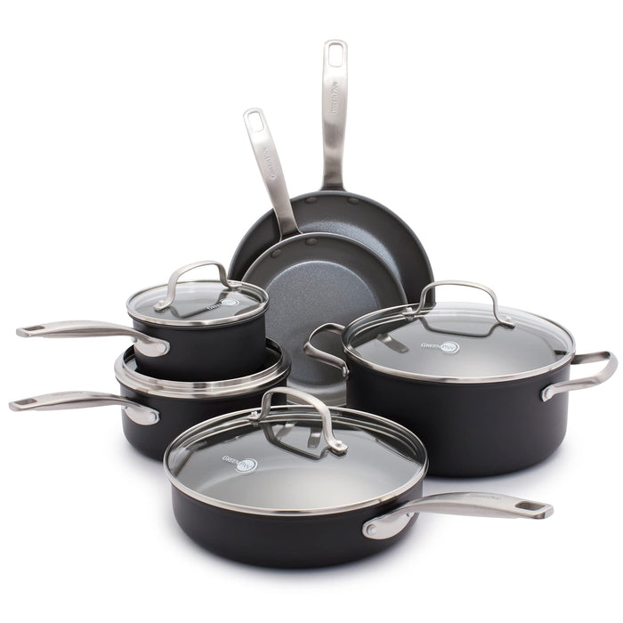 GreenPan Chatham Hard Anodized Healthy Ceramic Nonstick 10 Piece Cookware Pots and Pans Set, Frying Pan Skillets, Saucepans, Saute Pan, Stockpot, Lids, PFAS-Free, Dishwasher & Oven Safe, Gray