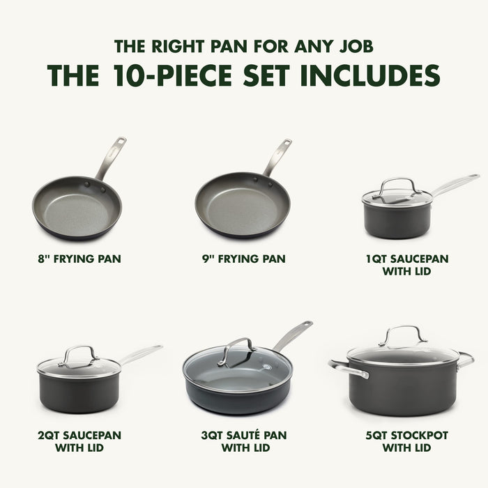 GreenPan Chatham Hard Anodized Healthy Ceramic Nonstick 10 Piece Cookware Pots and Pans Set, Frying Pan Skillets, Saucepans, Saute Pan, Stockpot, Lids, PFAS-Free, Dishwasher & Oven Safe, Gray