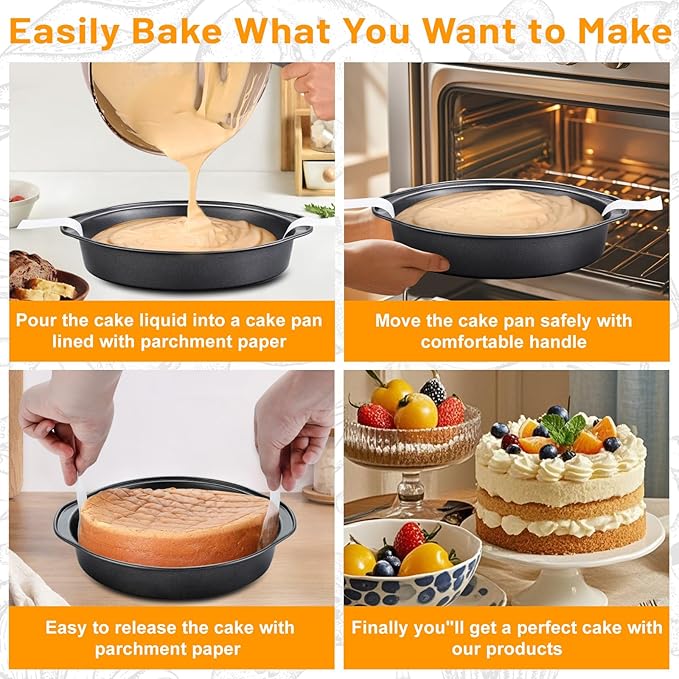 Gymdin 8 Inch Cake Pan - 3PCS Carbon Steel Round Cake Pans with 100 Pieces Parchment Paper, Non-stick & Easy Demolding, Non-toxic & Healthy