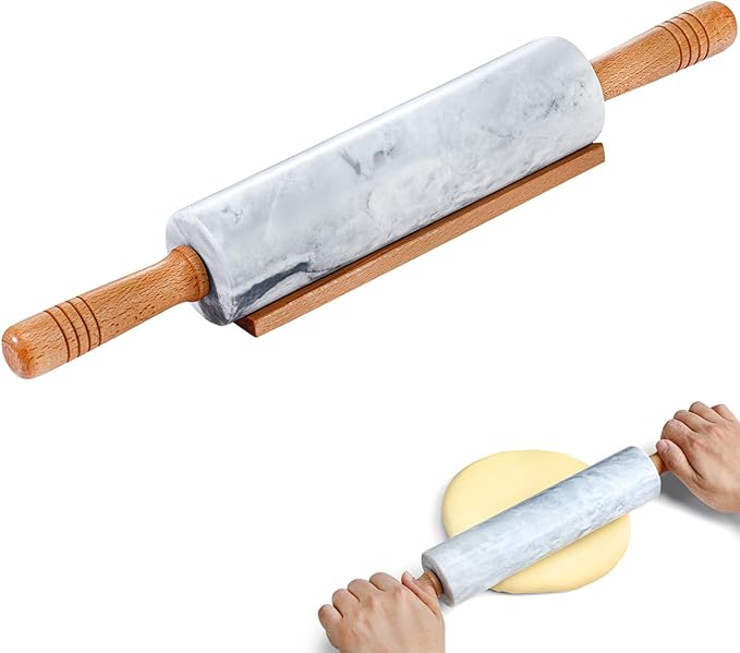 Gymdin Marble Rolling Pin - 18.9" Marble Rolling Pins for Baking, Pastry, Pizza Dough & More - Polished Non-Stick Surface, Long Dough Roller with Wooden Handles & Base