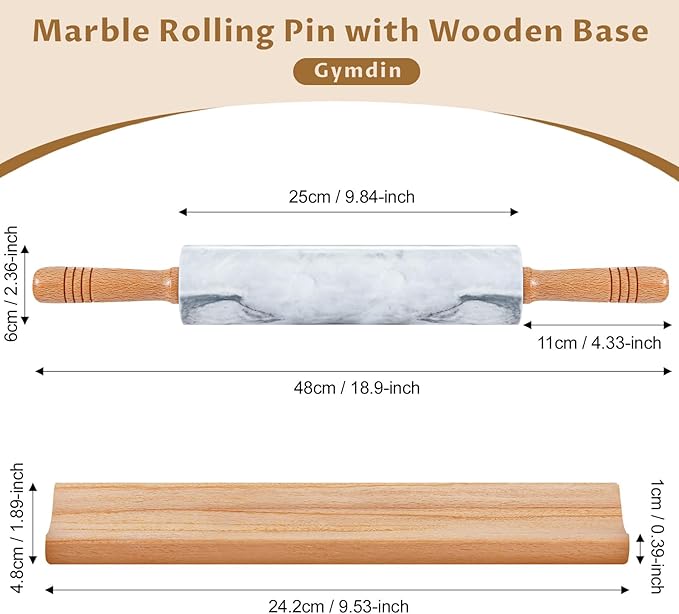 Gymdin Marble Rolling Pin - 18.9" Marble Rolling Pins for Baking, Pastry, Pizza Dough & More - Polished Non-Stick Surface, Long Dough Roller with Wooden Handles & Base