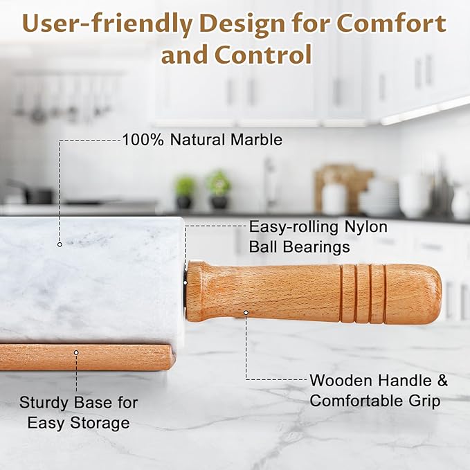Gymdin Marble Rolling Pin - 18.9" Marble Rolling Pins for Baking, Pastry, Pizza Dough & More - Polished Non-Stick Surface, Long Dough Roller with Wooden Handles & Base