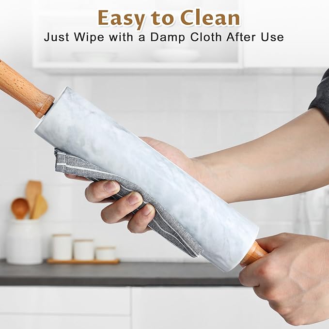 Gymdin Marble Rolling Pin - 18.9" Marble Rolling Pins for Baking, Pastry, Pizza Dough & More - Polished Non-Stick Surface, Long Dough Roller with Wooden Handles & Base