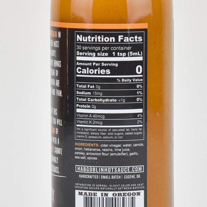 Habgoblin Fiery Habanero Hot Sauce, 5oz nutrition facts