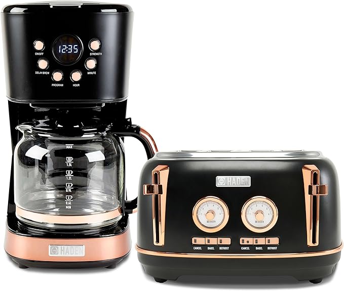 Haden Dorset 4 Slice Wide Slot Stainless Steel Toaster Bundled with 12 Cup Programmable Drip Coffee Maker Coffee Machine, Black & Copper
