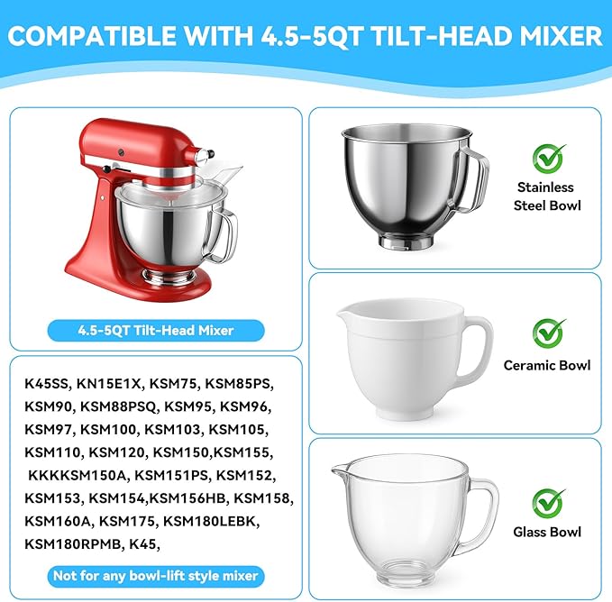 HAEGCKCA Pouring Shield for Kitchenaid Mixer, Splash Guard for Kitchenaid Tilt-Head Stand Mixers 4.5-5 Quart, Stand Mixer Pouring Shield for Kitchenaid Stainless Steel, Glass, Ceramic Bowls