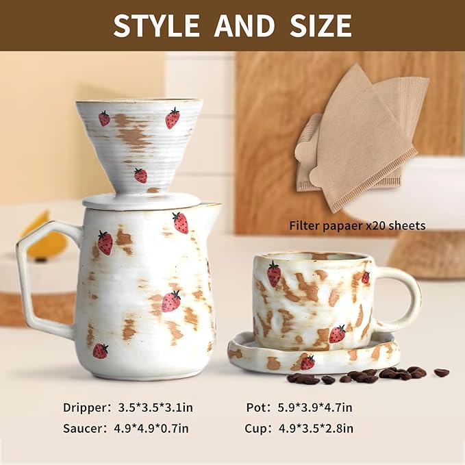 Handcrafted Pour Over Coffee Maker Set with Coffee Cup with Strawberry Pattern 20 Count Paper Filter V60 Drip Coffee Maker 20 oz Coffee Dripper (Strawberry)