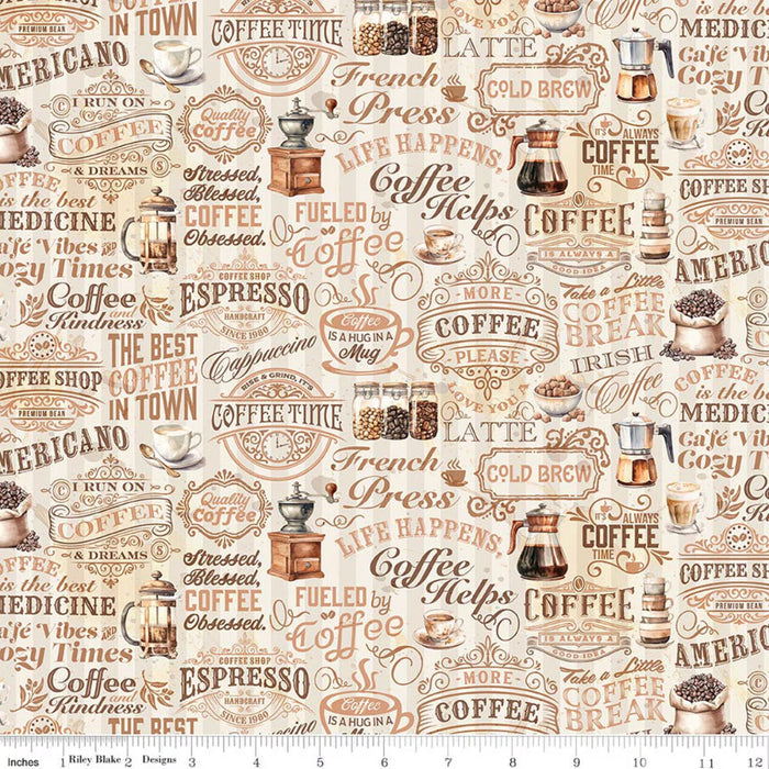 Coffee Time Text Cream Cotton Fabric