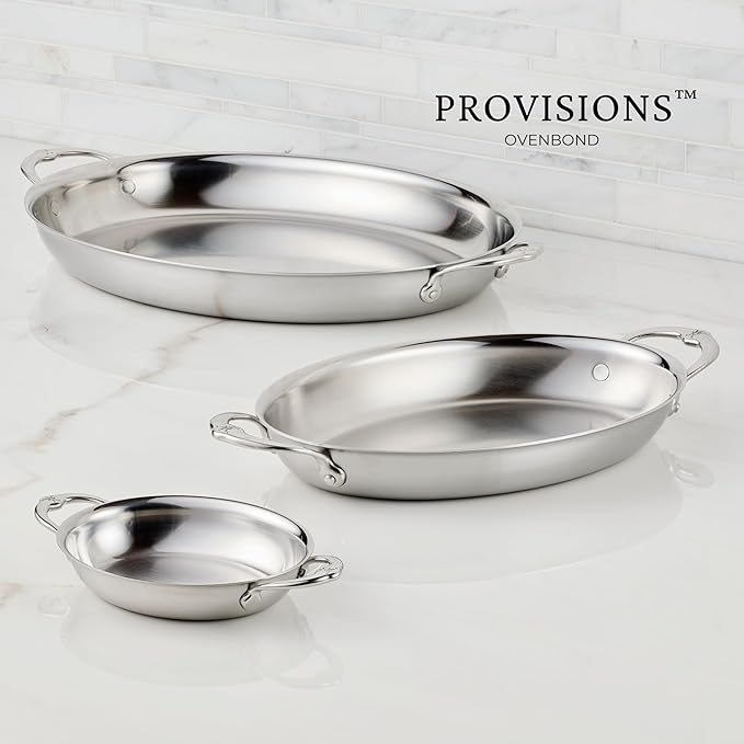 Hestan Provisions Oval Roasting Pan and Au Gratin Baking Dish, Clad Stainless Steel - Oven Safe 600F, Kitchen to Table Presentation, Dishwasher Safe