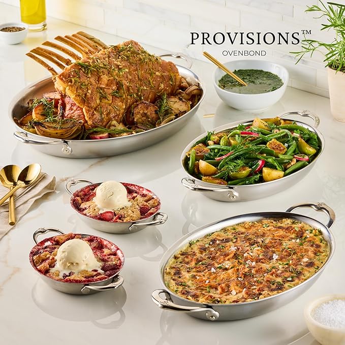 Hestan Provisions Oval Roasting Pan and Au Gratin Baking Dish, Clad Stainless Steel - Oven Safe 600F, Kitchen to Table Presentation, Dishwasher Safe