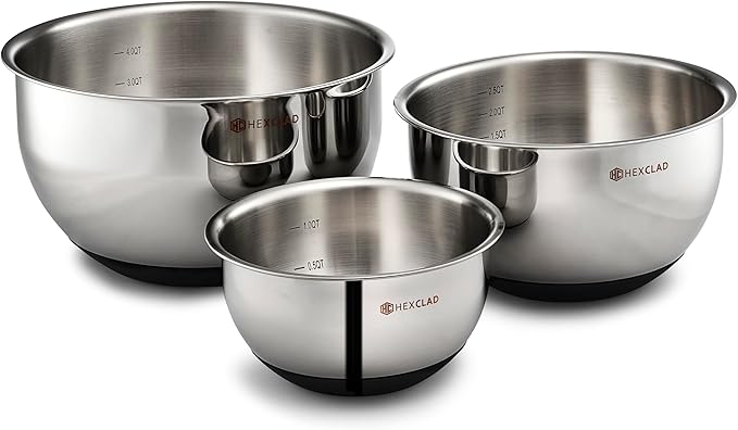 HexClad 3 Piece Stainless Steel Mixing Bowl Set with Vacuum Seal Lids