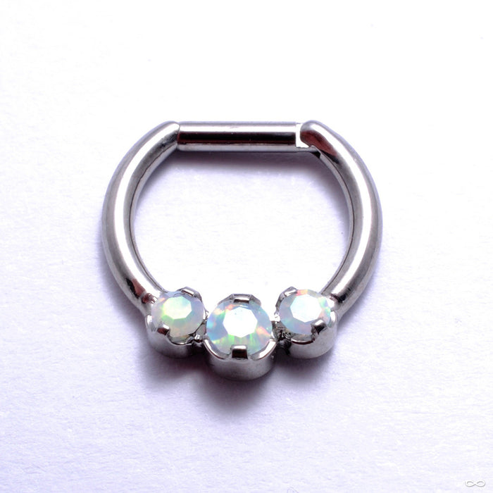 Hinged Ring with Three Prong-set Gemstones in Titanium from Intrinsic with White Opal