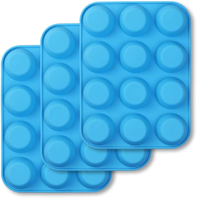 homEdge 12-Cup Silicone Muffin Pan, Pack of 3 Non-Stick Muffin Molds, Baking Pan for Cupcake, Tarts, Egg Bites-Blue