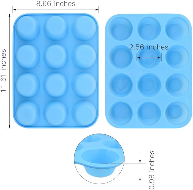 homEdge 12-Cup Silicone Muffin Pan, Pack of 3 Non-Stick Muffin Molds, Baking Pan for Cupcake, Tarts, Egg Bites-Blue