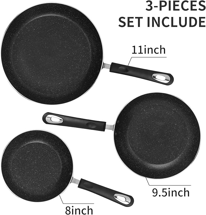 HooJay Nonstick Frying Pan Set-3-Pieces Skillet Set Induction Compatible,8 Inch,9.5 Inch and 11 Inch Omelette Pan with Bakelite Handles