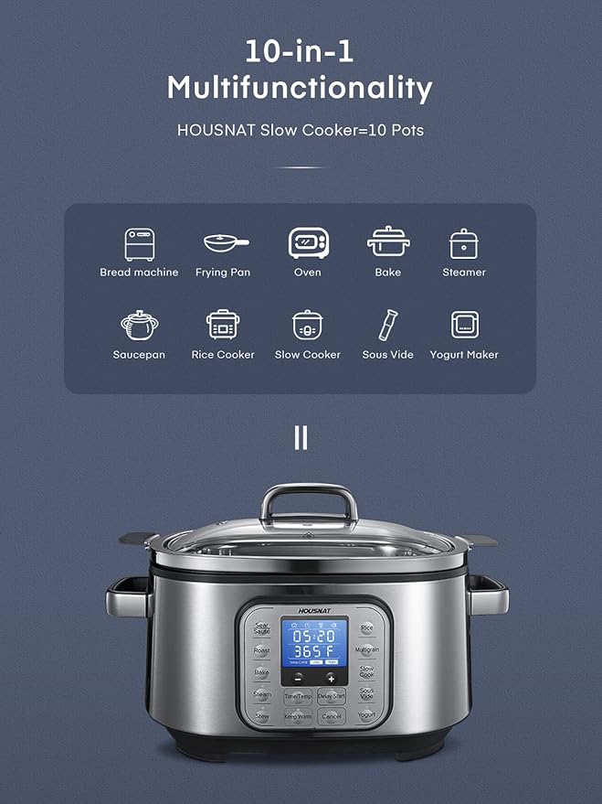 HOUSNAT Slow Cooker 6 Quart 10-in-1 Programmable Stainless Steel Pot