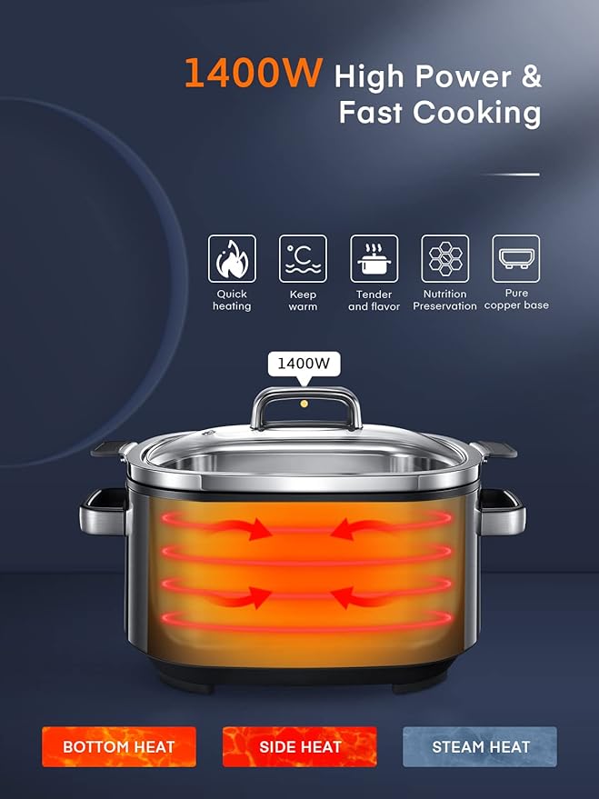 HOUSNAT Slow Cooker 6 Quart 10-in-1 Programmable Stainless Steel Pot