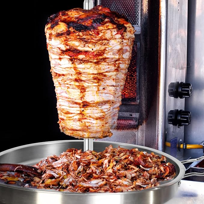 IDAKOS Food-grade 304 Stainless Steel Vertical Skewer Stand with Drip Pan, Anti-Tilt Spit Rack for BBQ Oven Al Pastor Shawarma Kebab