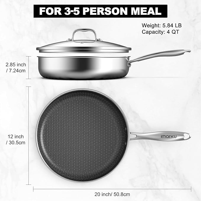 imarku 12" Non Stick Frying Pan with Lid, 5.5-Quart Deep Skillet