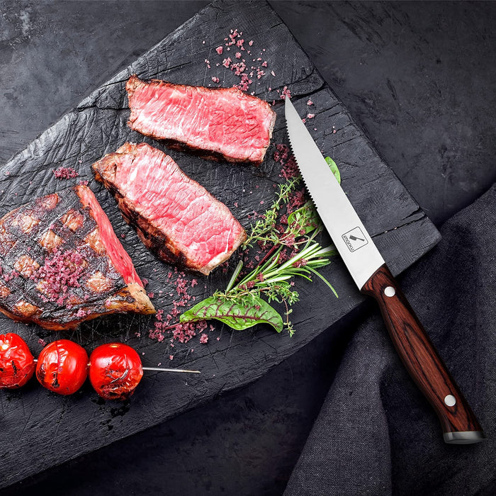 imarku Steak Knives Set of 6, Japanese HC Steel, 5" Serrated, Gift Box