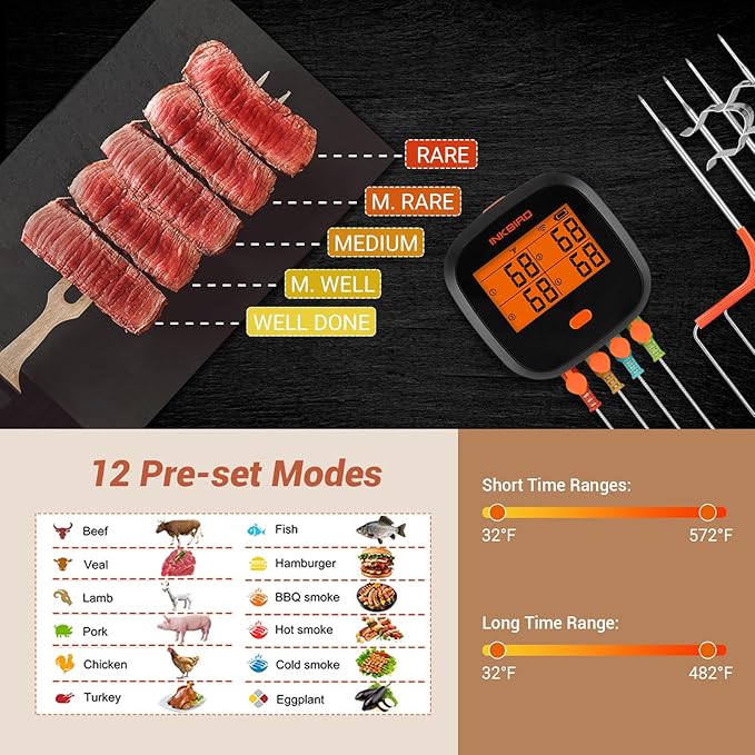 INKBIRD WiFi Meat Thermometer IBBQ-4T, Wireless BBQ Thermometer for Smoker