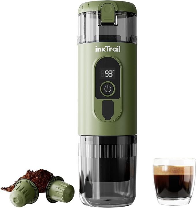 InkTrail Portable Electric Espresso Machine,Travel Coffee Maker for Camping, Self-Heating with Rechargeable Battery, Compatible with Ground Coffee & NS Original Capsule for Car, RV, Hiking, Office