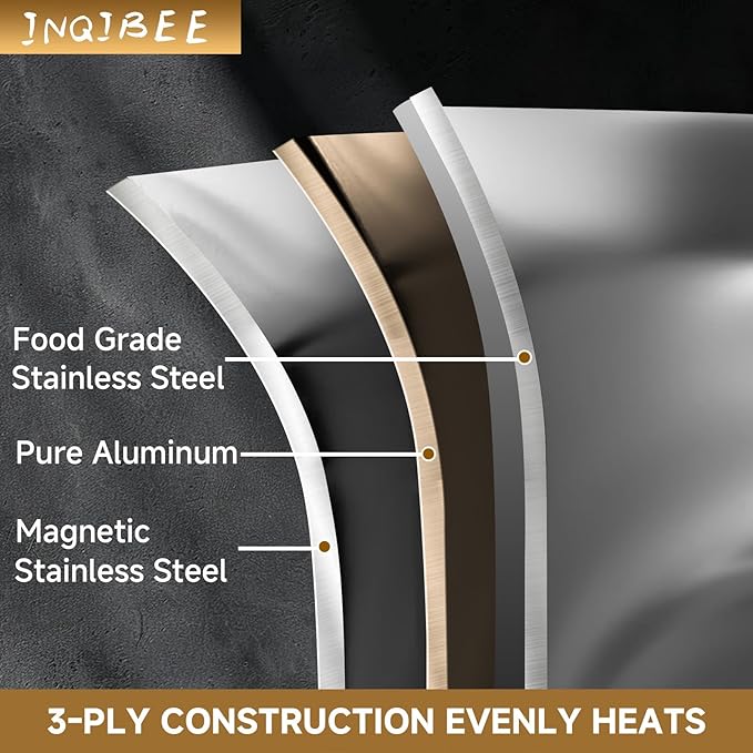 Inqibee 8.5-10-12 Inch Stainless Steel Pans Set with Lid, Detachable Handle