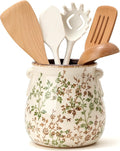Jemirry Utensil Holder for Kitchen Counter, Modern Farmhouse Rustic Cooking Utensil Holder and Crock, Exquisite Chinoiserie Floral Ceramic Utensil Organizer for Home Kitchen Decor- Green and Beige