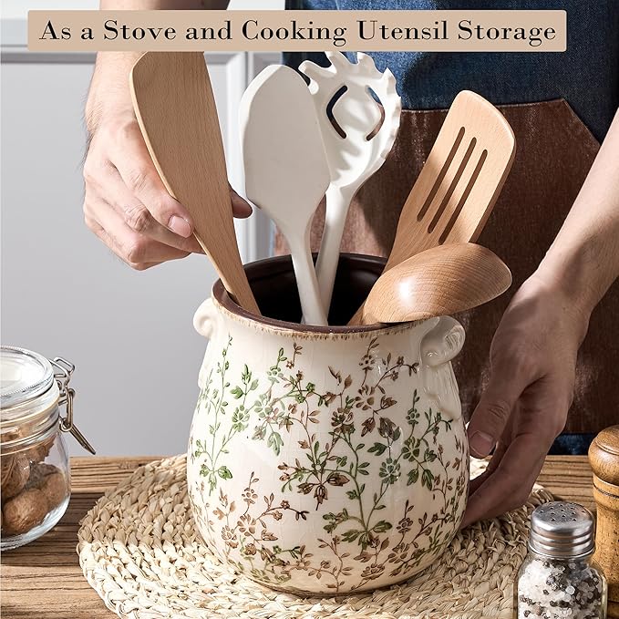 Jemirry Utensil Holder for Kitchen Counter, Modern Farmhouse Rustic Cooking Utensil Holder and Crock, Exquisite Chinoiserie Floral Ceramic Utensil Organizer for Home Kitchen Decor- Green and Beige
