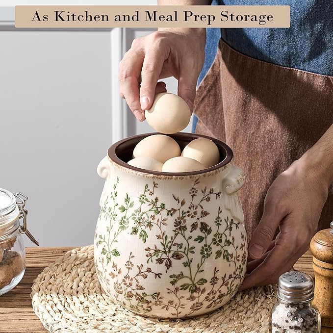 Jemirry Utensil Holder for Kitchen Counter, Modern Farmhouse Rustic Cooking Utensil Holder and Crock, Exquisite Chinoiserie Floral Ceramic Utensil Organizer for Home Kitchen Decor- Green and Beige