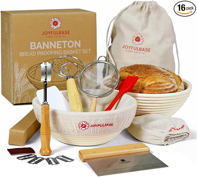 JOYFULBASE Banneton Bread Proofing Basket Set of 2 Sourdough Starter Kit with 9- Inch Round Baskets Fermentation Proofing Bowls Artisan Sourdough Bread Baking Supplies with Tools Liners and Linen Bag