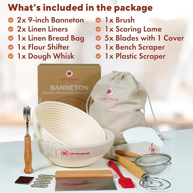 JOYFULBASE Banneton Bread Proofing Basket Set of 2 Sourdough Starter Kit with 9- Inch Round Baskets Fermentation Proofing Bowls Artisan Sourdough Bread Baking Supplies with Tools Liners and Linen Bag