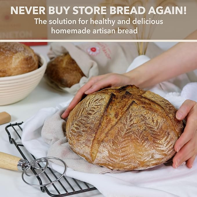 JOYFULBASE Banneton Bread Proofing Basket Set of 2 Sourdough Starter Kit with 9- Inch Round Baskets Fermentation Proofing Bowls Artisan Sourdough Bread Baking Supplies with Tools Liners and Linen Bag