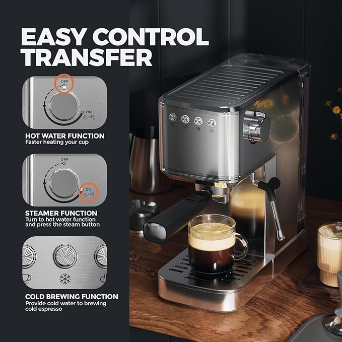JZ.CAFE Espresso Machine with Rapid Cold Brew, Hot & Iced Coffee Machine, Espresso Maker with Milk Frother Steam Wand, One Touch Control with 41oz Water Tank for Latte, Cappuccino, Gift