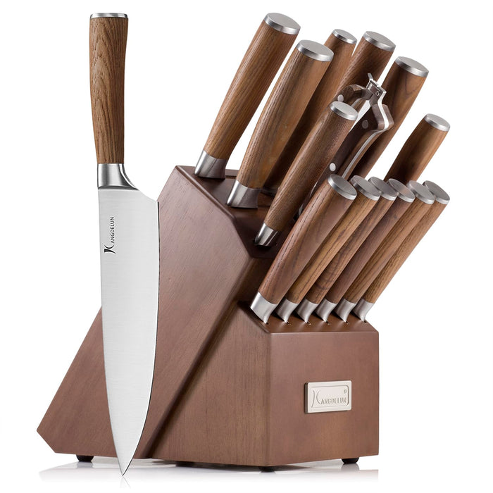 KANGDELUN 15-Piece Kitchen Knife Set with Block & Sharpening Steel, Ultra Sharp 50Cr15MoV High Carbon Stainless Steel, Brown Ash Wood Handle, Dark Brown Block, 6 Steak Knives, Chef Knife & Shears
