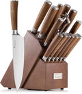 KANGDELUN 15-Piece Kitchen Knife Set with Block & Sharpening Steel, Ultra Sharp 50Cr15MoV High Carbon Stainless Steel, Brown Ash Wood Handle, Dark Brown Block, 6 Steak Knives, Chef Knife & Shears
