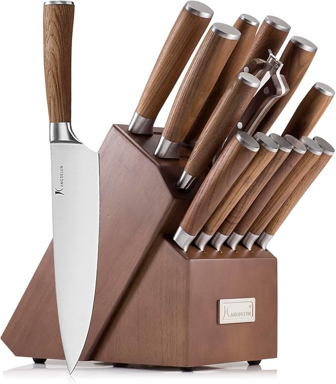 KANGDELUN 15-Piece Kitchen Knife Set with Block & Sharpening Steel, Ultra Sharp 50Cr15MoV High Carbon Stainless Steel, Brown Ash Wood Handle, Dark Brown Block, 6 Steak Knives, Chef Knife & Shears