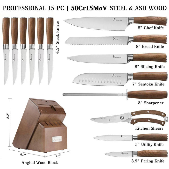 KANGDELUN 15-Piece Kitchen Knife Set with Block & Sharpening Steel, Ultra Sharp 50Cr15MoV High Carbon Stainless Steel, Brown Ash Wood Handle, Dark Brown Block, 6 Steak Knives, Chef Knife & Shears