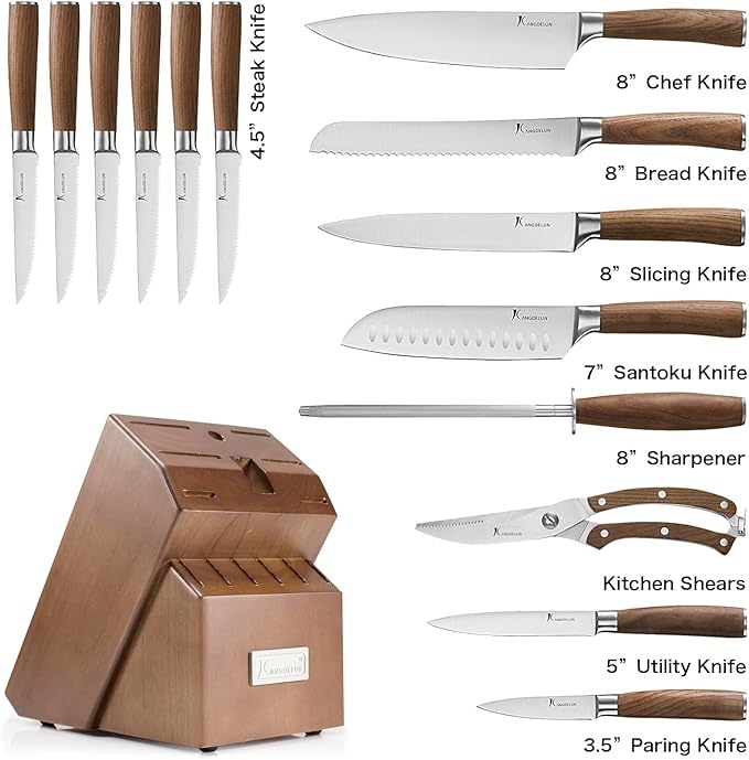 KANGDELUN 15-Piece Kitchen Knife Set with Block & Sharpening Steel, Ultra Sharp 50Cr15MoV High Carbon Stainless Steel, Brown Ash Wood Handle, Dark Brown Block, 6 Steak Knives, Chef Knife & Shears