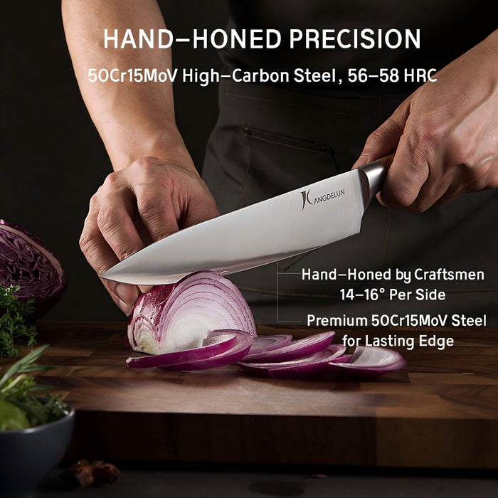 KANGDELUN 15-Piece Kitchen Knife Set with Block & Sharpening Steel, Ultra Sharp 50Cr15MoV High Carbon Stainless Steel, Brown Ash Wood Handle, Dark Brown Block, 6 Steak Knives, Chef Knife & Shears