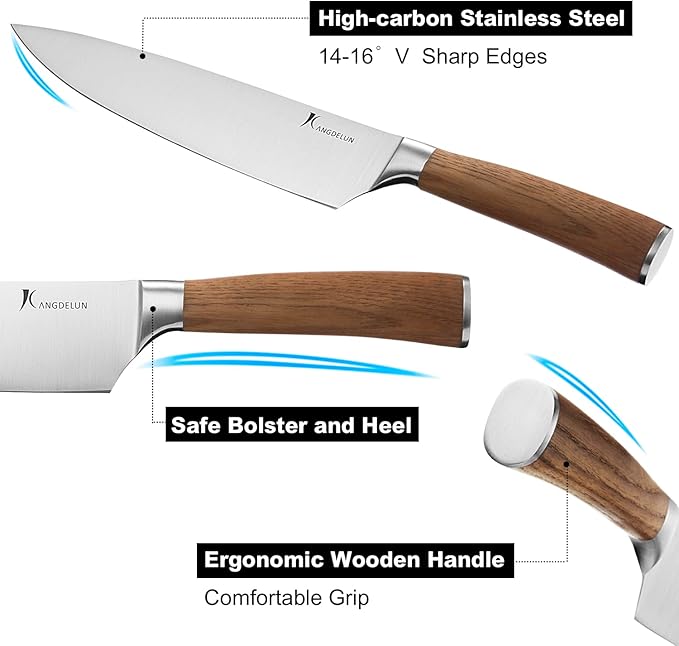 KANGDELUN 15-Piece Kitchen Knife Set with Block & Sharpening Steel, Ultra Sharp 50Cr15MoV High Carbon Stainless Steel, Brown Ash Wood Handle, Dark Brown Block, 6 Steak Knives, Chef Knife & Shears