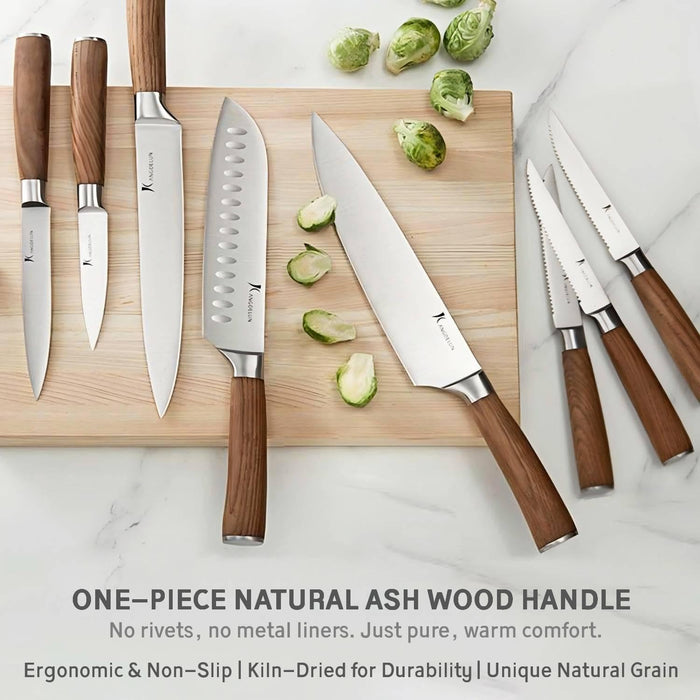 KANGDELUN 15-Piece Kitchen Knife Set with Block & Sharpening Steel, Ultra Sharp 50Cr15MoV High Carbon Stainless Steel, Brown Ash Wood Handle, Dark Brown Block, 6 Steak Knives, Chef Knife & Shears