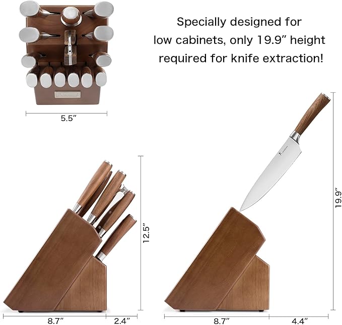 KANGDELUN 15-Piece Kitchen Knife Set with Block & Sharpening Steel, Ultra Sharp 50Cr15MoV High Carbon Stainless Steel, Brown Ash Wood Handle, Dark Brown Block, 6 Steak Knives, Chef Knife & Shears