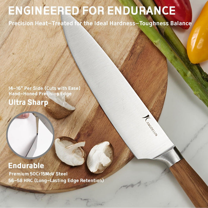 KANGDELUN 15-Piece Kitchen Knife Set with Block & Sharpening Steel, Ultra Sharp 50Cr15MoV High Carbon Stainless Steel, Brown Ash Wood Handle, Dark Brown Block, 6 Steak Knives, Chef Knife & Shears