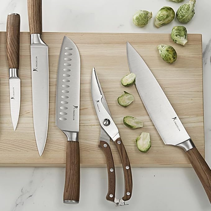 KANGDELUN 15-Piece Kitchen Knife Set with Block & Sharpening Steel, Ultra Sharp 50Cr15MoV High Carbon Stainless Steel, Brown Ash Wood Handle, Dark Brown Block, 6 Steak Knives, Chef Knife & Shears