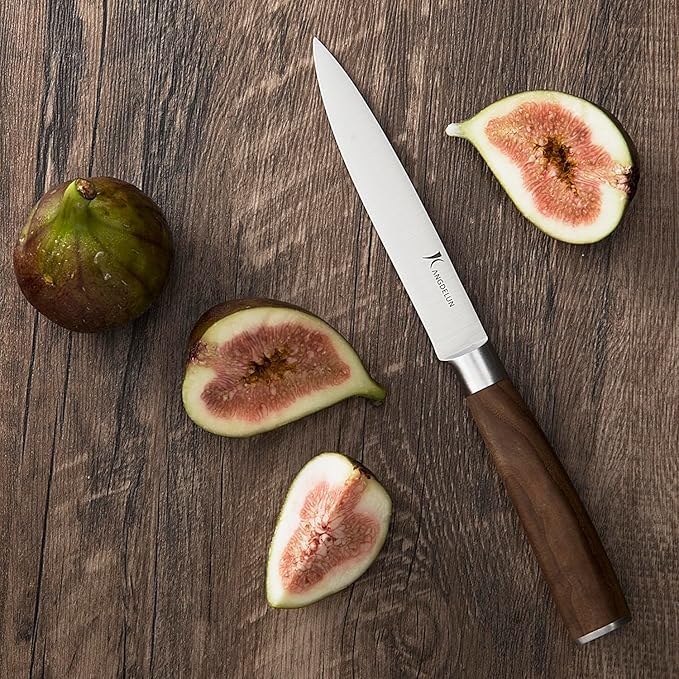 KANGDELUN 15-Piece Kitchen Knife Set with Block & Sharpening Steel, Ultra Sharp 50Cr15MoV High Carbon Stainless Steel, Brown Ash Wood Handle, Dark Brown Block, 6 Steak Knives, Chef Knife & Shears